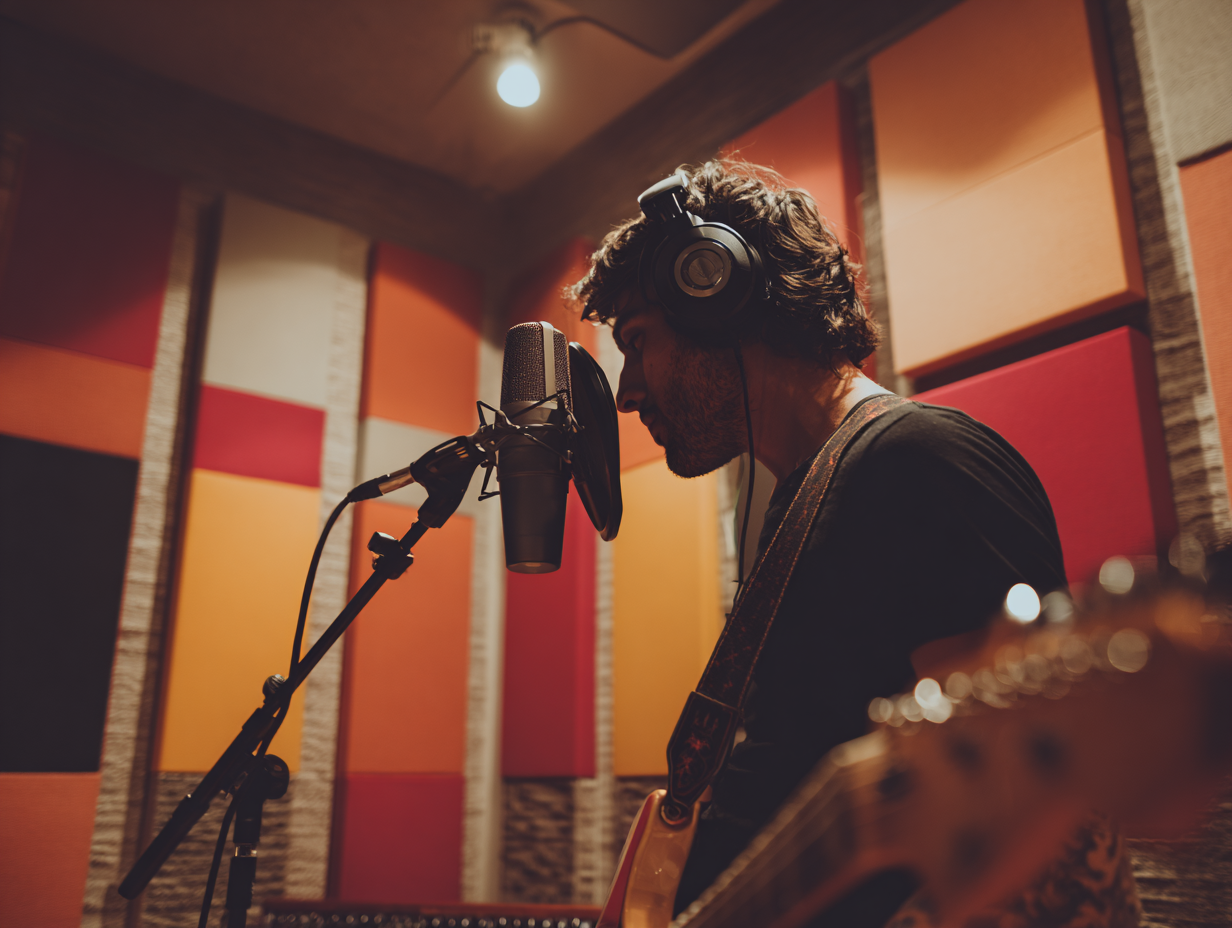 Musician wearing headphones recording vocals in a studio with colorful acoustic panels